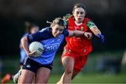 25 February 2023; Sinéad Wylde of Dublin in action against Roisin Flynn of Mayo during the 2023 Lidl Ladies National Football League Division 1 Round 5 match between Dublin and Mayo at DCU St Clare's in Dublin. Photo by Ray McManus/Sportsfile