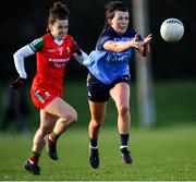 25 February 2023; Leah Caffrey of Dublin in action against Kathryn Sullivan of Mayo during the 2023 Lidl Ladies National Football League Division 1 Round 5 match between Dublin and Mayo at DCU St Clare's in Dublin. Photo by Ray McManus/Sportsfile
