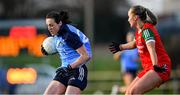 25 February 2023; Hannah Tyrrell of Dublin in action against Ciara Needham of Mayo during the 2023 Lidl Ladies National Football League Division 1 Round 5 match between Dublin and Mayo at DCU St Clare's in Dublin. Photo by Ray McManus/Sportsfile