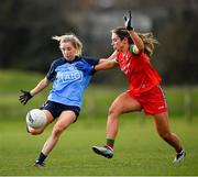 25 February 2023; Caoimhe O'Connor of Dublin in action against Roisin Flynn of Mayo during the 2023 Lidl Ladies National Football League Division 1 Round 5 match between Dublin and Mayo at DCU St Clare's in Dublin. Photo by Ray McManus/Sportsfile