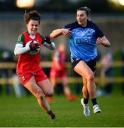 25 February 2023; Kathryn Sullivan of Mayo in action against Jennifer Dunne of Dublin during the 2023 Lidl Ladies National Football League Division 1 Round 5 match between Dublin and Mayo at DCU St Clare's in Dublin. Photo by Ray McManus/Sportsfile
