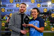 25 February 2023; Leah Caffrey of Dublin is presented with the Player of the Match award by Keith Hale, Deputy Store Manager, Lidl Drumcondra, following the 2023 Lidl Ladies National Football League Division 1 Round 5 fixture between Dublin and Mayo at DCU St Clare’s, Dublin.  Photo by Ray McManus/Sportsfile