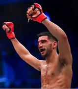 25 February 2023; Asaël Adjoudj celebrates after his featherweight bout against Liam McCracken at Bellator 291 in the 3 Arena, Dublin. Photo by David Fitzgerald/Sportsfile