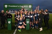 25 February 2023; Athlone Town captain Laurie Ryan and team-mates celebrate with the FAI Women's President's Cup after the FAI Women's President's Cup match between Athlone Town and Shelbourne at Athlone Town Stadium in Athlone, Westmeath. Photo by Stephen McCarthy/Sportsfile