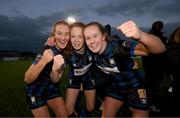 25 February 2023; Athlone Town players, from left, Shauna Brennan, Kate Slevin and Muireann Devaney celebrate after the FAI Women's President's Cup match between Athlone Town and Shelbourne at Athlone Town Stadium in Athlone, Westmeath. Photo by Stephen McCarthy/Sportsfile