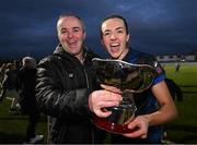 25 February 2023; Athlone Town manager Tommy Hewitt and Chloe Singleton celebrate with the FAI Women's President's Cup after the FAI Women's President's Cup match between Athlone Town and Shelbourne at Athlone Town Stadium in Athlone, Westmeath. Photo by Stephen McCarthy/Sportsfile