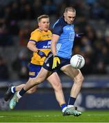 25 February 2023; Seán Lowry of Dublin in action against Pádraic Collins of Clare during the Allianz Football League Division 2 match between Dublin and Clare at Croke Park in Dublin. Photo by Piaras Ó Mídheach/Sportsfile