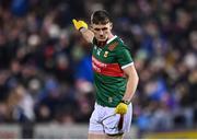 25 February 2023; James Carr of Mayo gestures to teammates after scoring their side's second goal during the Allianz Football League Division 1 match between Mayo and Tyrone at Hastings Insurance MacHale Park in Castlebar, Mayo. Photo by Ben McShane/Sportsfile