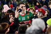 25 February 2023; Paddy Durcan of Mayo with supporters after his side's victory in the Allianz Football League Division 1 match between Mayo and Tyrone at Hastings Insurance MacHale Park in Castlebar, Mayo. Photo by Ben McShane/Sportsfile