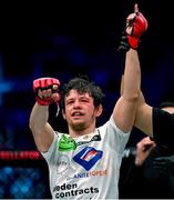 25 February 2023; Ciarán Clarke celebrates after defeating Leonardos Sinis in their catchweight bout at Bellator 291 in the 3 Arena, Dublin. Photo by David Fitzgerald/Sportsfile