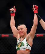 25 February 2023; Sinead Kavanagh celebrates after defeating Janay Harding in their Women's Featherweight bout at Bellator 291 in the 3 Arena, Dublin. Photo by David Fitzgerald/Sportsfile