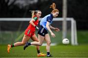 25 February 2023; Lauren Magee of Dublin in action against Tara Needham of Mayo during the 2023 Lidl Ladies National Football League Division 1 Round 5 match between Dublin and Mayo at DCU St Clare's in Dublin. Photo by Ray McManus/Sportsfile