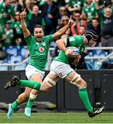 25 February 2023; James Ryan of Ireland, right, on his way to scoring his side's first try while teammate James Lowe celebrates during the Guinness Six Nations Rugby Championship match between Italy and Ireland at the Stadio Olimpico in Rome, Italy.  Photo by Ramsey Cardy/Sportsfile