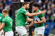 25 February 2023; Hugo Keenan of Ireland, right, is congratulated by teammate Iain Henderson, after scoring their side's second try during the Guinness Six Nations Rugby Championship match between Italy and Ireland at the Stadio Olimpico in Rome, Italy. Photo by Ramsey Cardy/Sportsfile