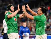 25 February 2023; Ryan Baird, left, and James Lowe of Ireland celebrate at the final whistle of the Guinness Six Nations Rugby Championship match between Italy and Ireland at the Stadio Olimpico in Rome, Italy. Photo by Ramsey Cardy/Sportsfile