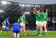 25 February 2023; James Lowe, 11, and Ryan Baird of Ireland celebrate at the final whistle of the Guinness Six Nations Rugby Championship match between Italy and Ireland at the Stadio Olimpico in Rome, Italy. Photo by Ramsey Cardy/Sportsfile
