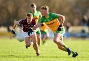 26 February 2023; Oisin Gallen of Donegal in action against Dylan McHugh of Galway during the Allianz Football League Division 1 match between Donegal and Galway at O'Donnell Park in Letterkenny, Donegal. Photo by Ben McShane/Sportsfile