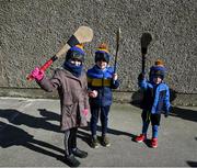 26 February 2023; Clare supporters Annabelle, eight years, Ethan, 6, and Charlie Ryan, from Doora Barefield, before the Allianz Hurling League Division 1 Group A match between Wexford and Clare at Chadwicks Wexford Park in Wexford. Photo by Ray McManus/Sportsfile
