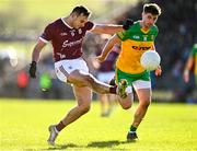 26 February 2023; Cillian McDaid of Galway in action against Daire Ó Baoill of Donegal during the Allianz Football League Division 1 match between Donegal and Galway at O'Donnell Park in Letterkenny, Donegal. Photo by Ben McShane/Sportsfile