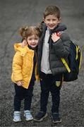 26 February 2023; Ivy, age 2, and her brother Noah McHugh, age 6, children of Roscommon selector Mark McHugh, before the Allianz Football League Division 1 match between Monaghan and Roscommon at St Tiernach's Park in Clones, Monaghan. Photo by Ramsey Cardy/Sportsfile