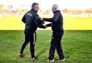 26 February 2023; Galway manager Padraic Joyce, left, and Donegal manager Paddy Carr shake hands after their side's draw in the Allianz Football League Division 1 match between Donegal and Galway at O'Donnell Park in Letterkenny, Donegal. Photo by Ben McShane/Sportsfile