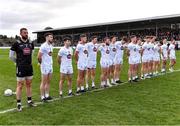 26 February 2023; Kildare players stand for Amhrán na bhFiann before the Allianz Football League Division 2 match between Kildare and Derry at St Conleth's Park in Newbridge, Kildare. Photo by Piaras Ó Mídheach/Sportsfile