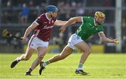 26 February 2023; Dan Morrissey of Limerick in action against Conor Cooney of Galway during the Allianz Hurling League Division 1 Group A match between Galway and Limerick at Pearse Stadium in Galway. Photo by Seb Daly/Sportsfile