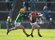 26 February 2023; Tom Monaghan of Galway in action against Tom Morrissey of Limerick during the Allianz Hurling League Division 1 Group A match between Galway and Limerick at Pearse Stadium in Galway. Photo by Seb Daly/Sportsfile