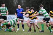 26 February 2023; Patrick Corbett of Newbridge RFC in action against Jack Rogers, left, and Lorcan Murphy of Naas RFC during the Bank of Ireland Leinster Rugby Provincial Towns Cup Second Round match between Naas RFC and Newbridge RFC at Naas RFC in Naas, Kildare. Photo by Tyler Miller/Sportsfile
