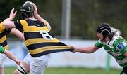 26 February 2023; Tom Treacy of Newbridge RFC has his shirt pulled by Muiris Cleary of Naas RFC during the Bank of Ireland Leinster Rugby Provincial Towns Cup Second Round match between Naas RFC and Newbridge RFC at Naas RFC in Naas, Kildare. Photo by Tyler Miller/Sportsfile