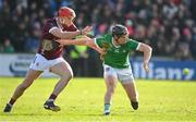 26 February 2023; Peter Casey of Limerick in action against TJ Brennan of Galway during the Allianz Hurling League Division 1 Group A match between Galway and Limerick at Pearse Stadium in Galway. Photo by Seb Daly/Sportsfile