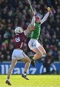 26 February 2023; Shane O’Brien of Limerick in action against Darren Morrissey of Galway during the Allianz Hurling League Division 1 Group A match between Galway and Limerick at Pearse Stadium in Galway. Photo by Seb Daly/Sportsfile