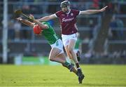 26 February 2023; Barry Nash of Limerick in action against Joseph Cooney of Galway during the Allianz Hurling League Division 1 Group A match between Galway and Limerick at Pearse Stadium in Galway. Photo by Seb Daly/Sportsfile