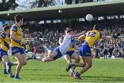 26 February 2023; Karl O'Connell of Monaghan under pressure from Conor Daly and Ciarán Lennon of Roscommon during the Allianz Football League Division 1 match between Monaghan and Roscommon at St Tiernach's Park in Clones, Monaghan. Photo by Ramsey Cardy/Sportsfile