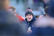 26 February 2023; Louth manager Mickey Harte speaks to his players after the Allianz Football League Division 2 match between Meath and Louth at Páirc Tailteann in Navan, Meath. Photo by Stephen Marken/Sportsfile
