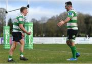 26 February 2023; Jack Sheridan of Naas RFC, left,  celebrates with teammate Jack Rogers after scoring his side's fifth try during the Bank of Ireland Leinster Rugby Provincial Towns Cup Second Round match between Naas RFC and Newbridge RFC at Naas RFC in Naas, Kildare. Photo by Tyler Miller/Sportsfile