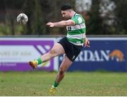 26 February 2023; Matt Stapleton of Naas RFC kicks the ball clear during the Bank of Ireland Leinster Rugby Provincial Towns Cup Second Round match between Naas RFC and Newbridge RFC at Naas RFC in Naas, Kildare. Photo by Tyler Miller/Sportsfile