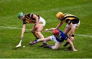 26 February 2023; Alan Murphy, left, and Shane Murphy of Kilkenny in action against James Duggan of Laois during the Allianz Hurling League Division 1 Group B match between Laois and Kilkenny at Laois Hire O'Moore Park in Portlaoise, Laois. Photo by Daire Brennan/Sportsfile