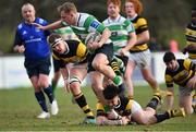 26 February 2023; Jack Sheridan of Naas RFC is tackled by Kristian Standen of Newbridge RFC during the Bank of Ireland Leinster Rugby Provincial Towns Cup Second Round match between Naas RFC and Newbridge RFC at Naas RFC in Naas, Kildare. Photo by Tyler Miller/Sportsfile