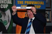 26 February 2023; Past Naas RFC President Jim Casey draws Gorey RFC during the Bank of Ireland Leinster Rugby provincial towns cup third round draw at Naas RFC in Naas, Kildare. Photo by Tyler Miller/Sportsfile