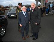 25 February 2023; President of Ireland Michael D Higgins is greeted by FAI President Gerry McAnaney on his arrival for the FAI Women's President's Cup match between Athlone Town and Shelbourne at Athlone Town Stadium in Athlone, Westmeath. Photo by Stephen McCarthy/Sportsfile
