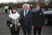 25 February 2023; President of Ireland Michael D Higgins meets young supporters before the FAI Women's President's Cup match between Athlone Town and Shelbourne at Athlone Town Stadium in Athlone, Westmeath. Photo by Stephen McCarthy/Sportsfile