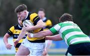 26 February 2023; Cameron English of Newbridge RFC in action against Stephen Lackey of Naas RFC during the Bank of Ireland Leinster Rugby Provincial Towns Cup Second Round match between Naas RFC and Newbridge RFC at Naas RFC in Naas, Kildare. Photo by Tyler Miller/Sportsfile