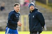 26 February 2023; Monaghan manager Vinny Corey, right, and Conor McManus of Monaghan before the Allianz Football League Division 1 match between Monaghan and Roscommon at St Tiernach's Park in Clones, Monaghan. Photo by Ramsey Cardy/Sportsfile