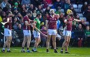 26 February 2023; Galway players, from left, Seán Linnane, Padraic Mannion, Gearóid McInerney and Tiernan Killeen react to a decision during the Allianz Hurling League Division 1 Group A match between Galway and Limerick at Pearse Stadium in Galway. Photo by Seb Daly/Sportsfile