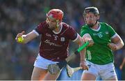26 February 2023; TJ Brennan of Galway in action against Peter Casey of Limerick during the Allianz Hurling League Division 1 Group A match between Galway and Limerick at Pearse Stadium in Galway. Photo by Seb Daly/Sportsfile
