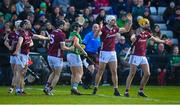 26 February 2023; Galway players, from left, Seán Linnane, Padraic Mannion, Gearóid McInerney and Tiernan Killeen react to a decision during the Allianz Hurling League Division 1 Group A match between Galway and Limerick at Pearse Stadium in Galway. Photo by Seb Daly/Sportsfile