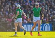 26 February 2023; Gearoid Hegarty, right, and Cian Lynch of Limerick during the Allianz Hurling League Division 1 Group A match between Galway and Limerick at Pearse Stadium in Galway. Photo by Seb Daly/Sportsfile