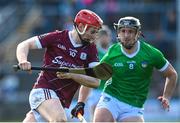 26 February 2023; Tom Monaghan of Galway in action against Darragh O’Donovan of Limerick during the Allianz Hurling League Division 1 Group A match between Galway and Limerick at Pearse Stadium in Galway. Photo by Seb Daly/Sportsfile