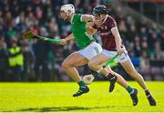26 February 2023; Kyle Hayes of Limerick and Kevin Cooney of Galway during the Allianz Hurling League Division 1 Group A match between Galway and Limerick at Pearse Stadium in Galway. Photo by Seb Daly/Sportsfile